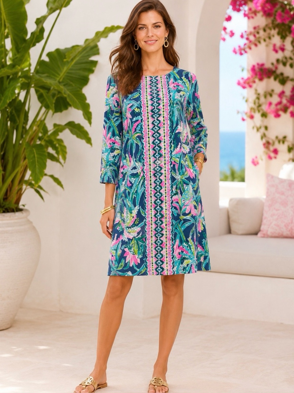 Lilly Pulitzer Women’s Printed Shift Ophelia Dress Sz M 3/4 Sleeve Rayon Spandex